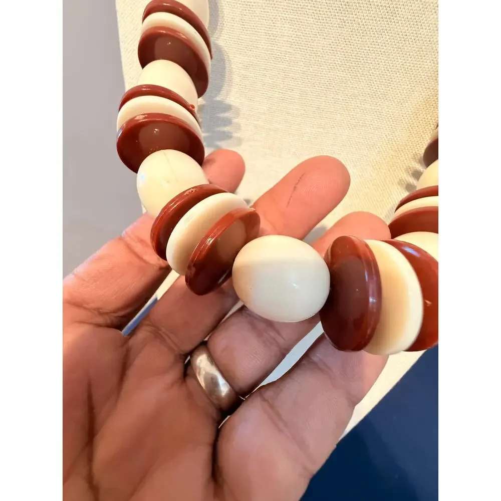 Vintage Graduated Cream & Brown Lucite Bead Necklace 26”